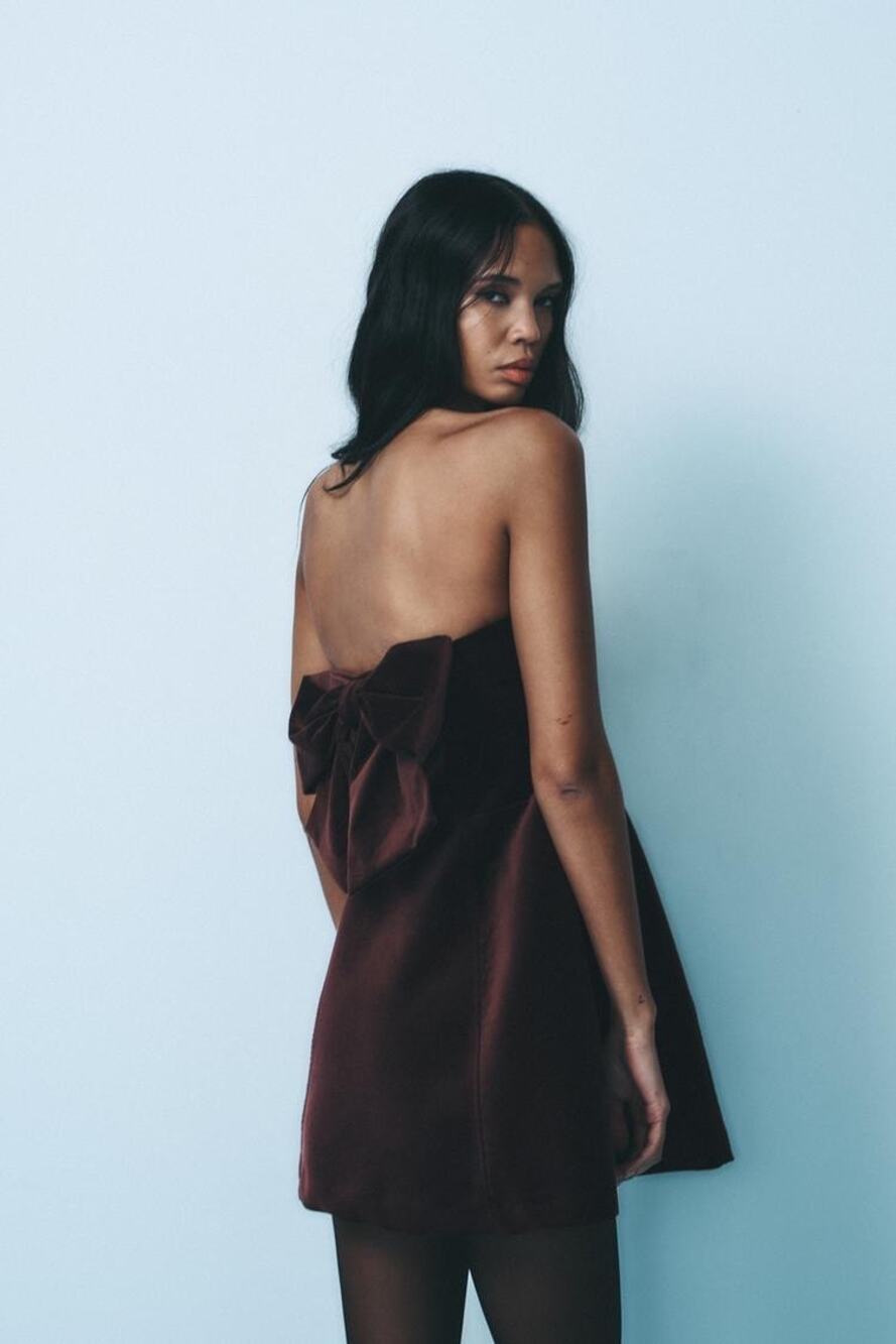 Zara Burgundy Velvet Strapless Bow Back Mini Dress Size Small
